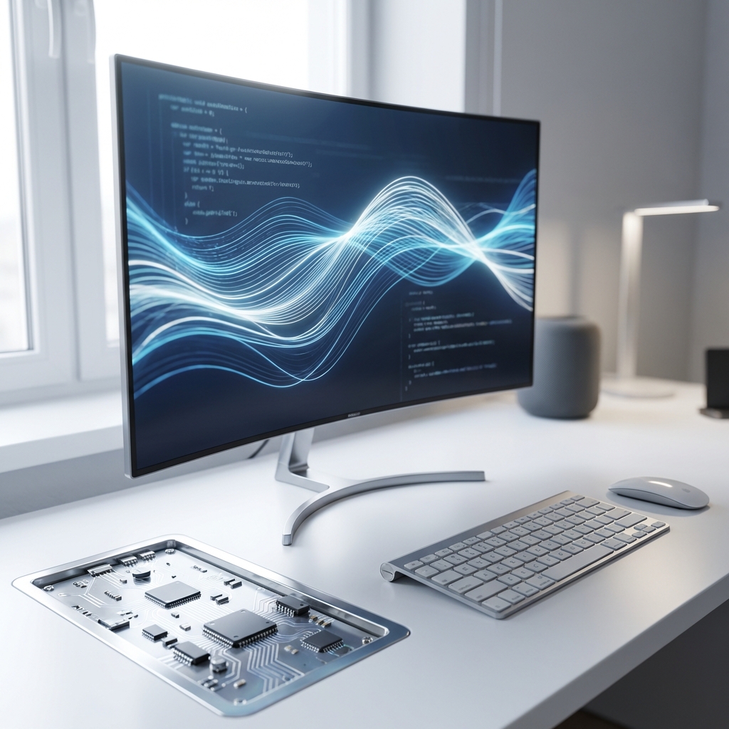 High-tech workspace with embedded systems and code